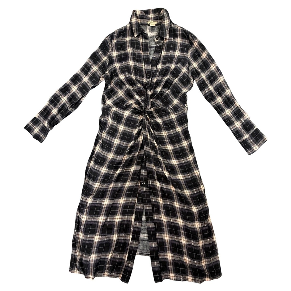 ANAMA Plaid Twist-Front Button Shirt Dress Rayon Long Sleeve Women's S